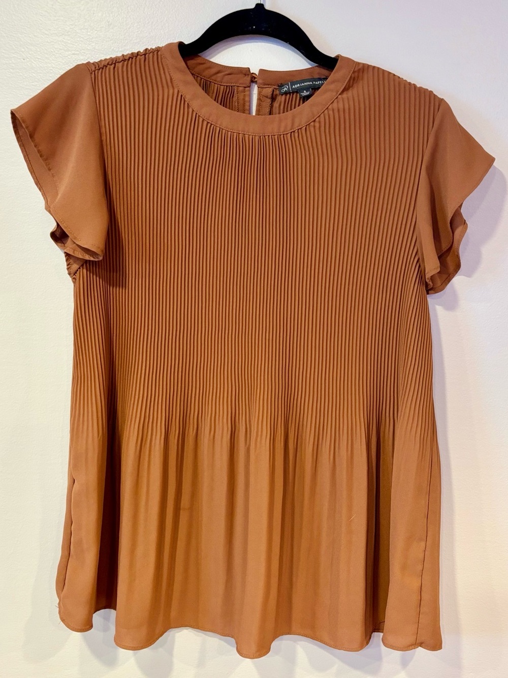 Adrianna Papell Solid Pleat Flutter Sleeve Blouse Rust Brown Women's Small